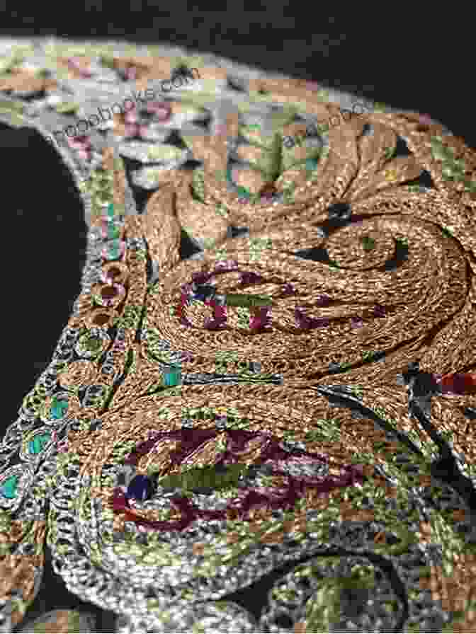A Close Up Of A Gold And Silver Embellished Zardozi Embroidery Jewelled Textile Gold And Silver Embellished Cloth Of India