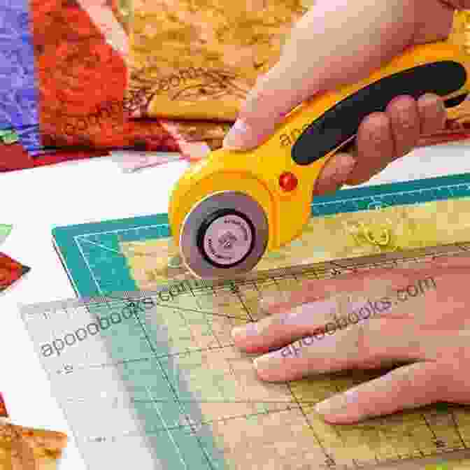 A Quilter Meticulously Cutting Fabric Using A Rotary Cutter And Ruler. The Art Of Sewing A Quilt: A Guide To Being A Master In The Art Of Quilting