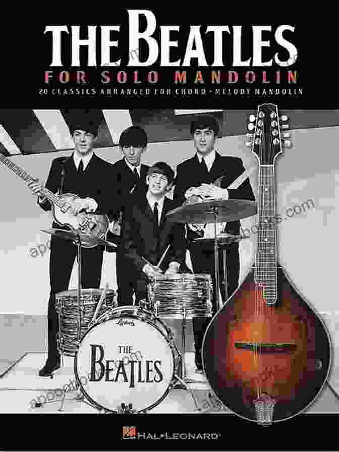 Book Cover Of The Beatles For Solo Mandolin, Featuring A Vintage Mandolin On A Background Of Beatles Album Covers The Beatles For Solo Mandolin